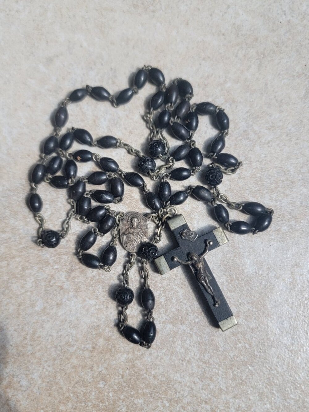 Antique French Rosary Cocoa wood and silver rosary